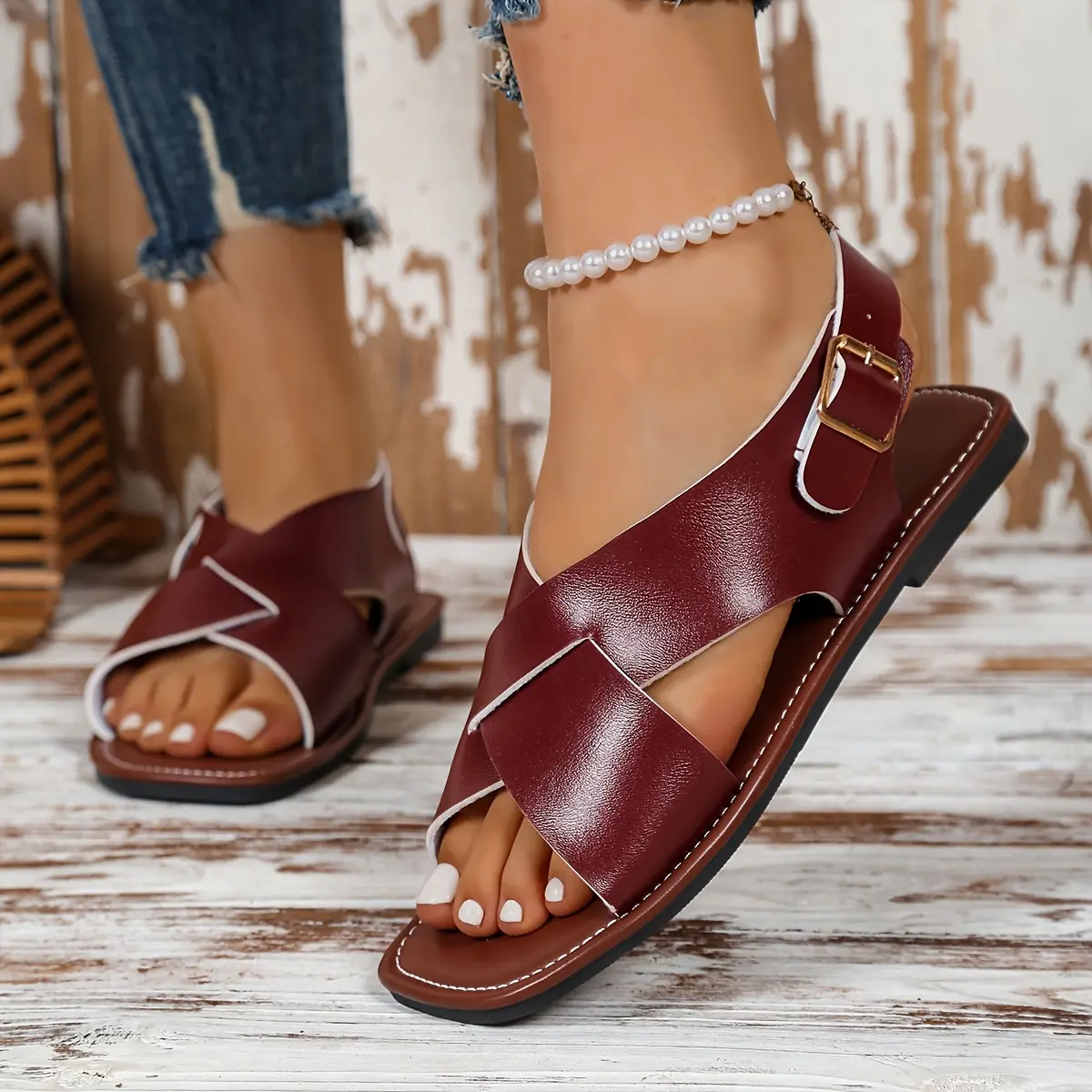 Women's Fashionable Maroon Slide Sandals - Comfortable Flat Sole with Adjustable Buckle Strap, Open-Toe Design, Ideal for Casual Wear, Everyday Sandals | Crisscross Strap Design | Rubber Sole Footwear, Strappy Sandals