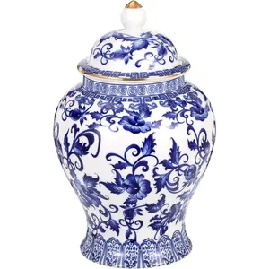 Chinoiserie Ginger Jar with Gilt Edges,7.87 Inch Ceramic Blue and White Ginger Jar with Lid,Porcelain Ginger Jars Vase for Home,Living Room,Coffee Table,Shelf Decor