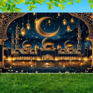1pc 2D Flat Festive Islamic Palace Scene Banner with Crescent Moon - Polyester Backdrop for Eid Celebrations, Photo Studio, Living Room & Outdoor Decor, Versatile Entryway, Room, Garden Use, No