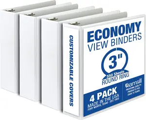 Samsill 3 Inch 3 Ring Binders Made in USA Economy Round Ring Clear View Cover 550 Sheet Capacity for School Home Office White 4 Pack Durable Polypropylene Vinyl Chipboard