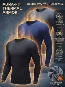 Men's 3-Piece Thermal Long-Sleeve Set - Moisture-Wicking and Insulating Compression Top - All-Day Comfort with Fleece Lining, Ideal for Sub-Zero Temperatures — Perfect for Skiing, Running, and Outdoor Training