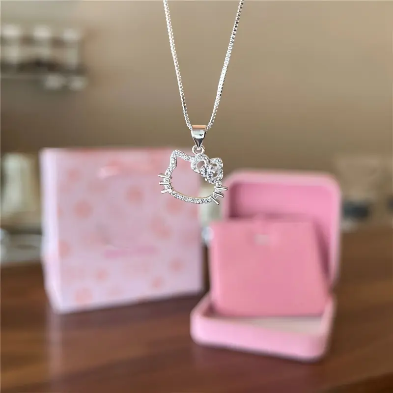Sparkling Pave Rhinestone Cat Pendant Necklace, Dainty Silver-Tone Box Chain Collarbone Necklace with Bow Accent