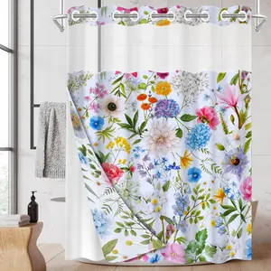 1PC Double Layer Shower Curtain, No Hooks, Watercolor Multicolor Floral Print Waterproof Fabric, Fresh Botanical Home Decor, Soft Whimsical Aesthetic, Hotel Bathroom Accessory, Detachable Buckle Shower Curtain and Liner, Bathroom Room Divider