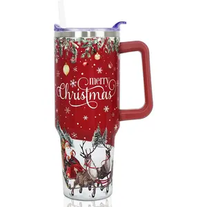 40 oz Merry Christmas Tumbler with Handle and Straw, Stainless Steel Insulated Santa Tumbler 40 oz, Reusable Xmas Cup with Leak Proof Lid, Christmas Gifts for Women