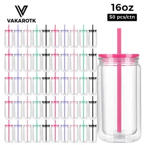 VAKAROTK 25/50pcs 16oz Plastic Acrylic Snow Globe Can Tumbler with Pre Drilled Hole Plugs Lid & Straw, DIY Glitter Gift Drinkware