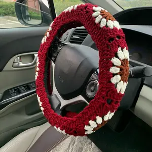 Crochet Car Steering Wheel Cover & Seat Belt Cover, Handmade Crochet Car Interior Decoration Set, Car Interior Accessories for Women & Girls, Girly Car Accessories