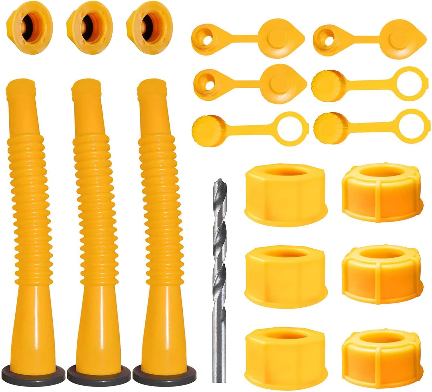 Gas Can Spout Replacement, Gas Can Nozzle Replacement (3 Kits-Yellow). for 1/2/5/10 gallon gas cans. Upgraded replacement gas can spout with flexible nozzle, vent cap, thick rubber pad, spout cover Gas Can Spout Replacement, Gas Can Nozzle Replacement (3 Kits-Yellow). for 1/2/5/10 gallon gas cans. Upgraded replacement gas can spout with flexible nozzle, vent cap, thick rubber pad, spout cover