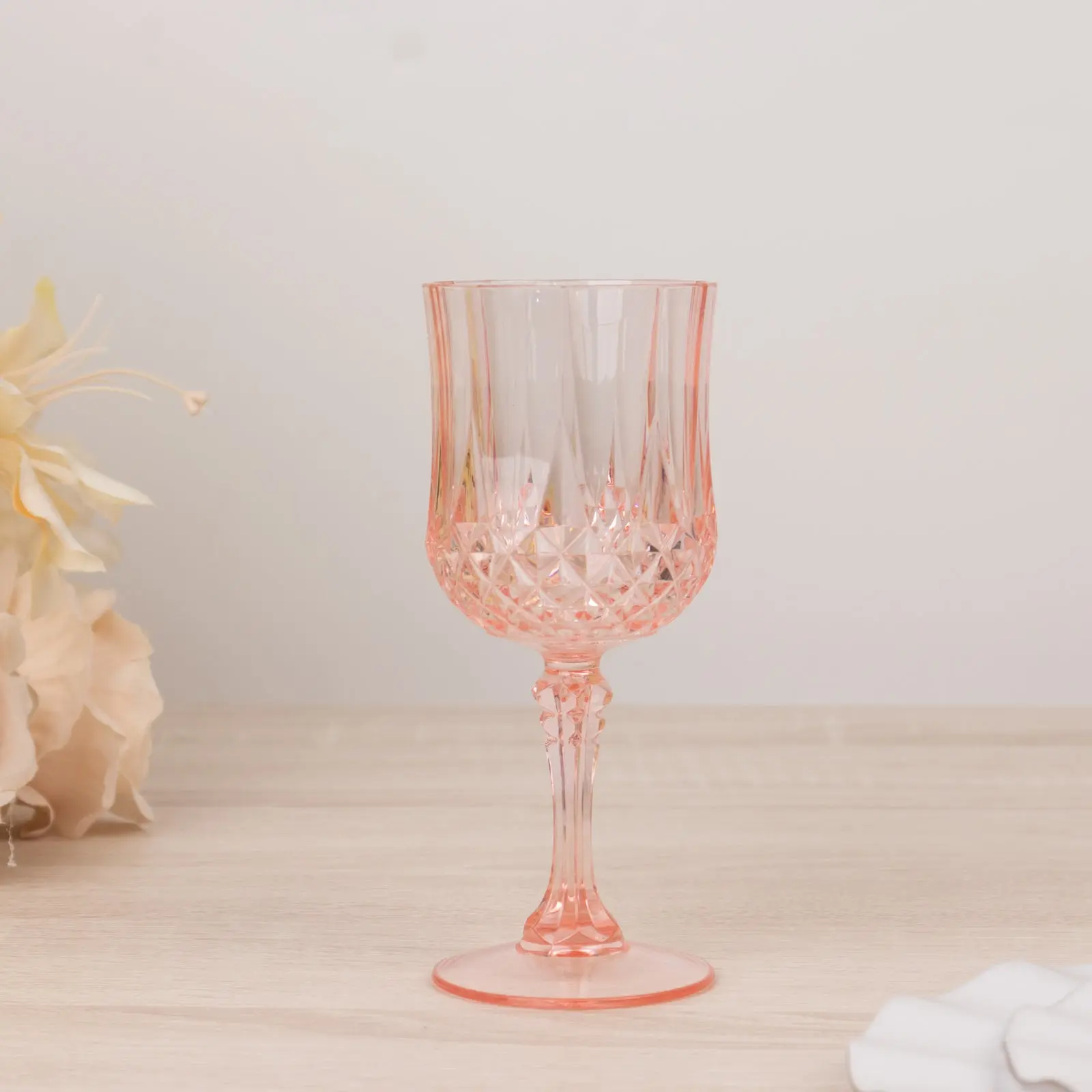 Plastic Crystal Cut Premium Drinking Glasses - 6-Pack, 8oz Transparent Blush Pink Shatterproof Cocktail Goblets for Birthday, Wedding