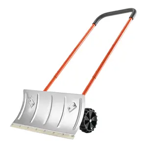 D ProTool Hub Winter Snow Pusher Shovel with Wheels 24 in Durable Metal Snow Plow for Driveway Compact Design