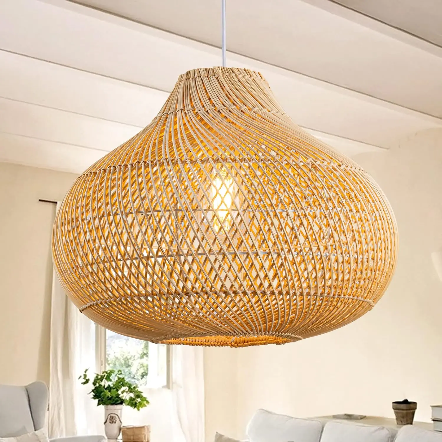 Natural Rattan Pendant Ceiling Light with Shade - 16.5in Hand-Woven Boho Raindrop Wicker Chandelier, 60W AC Power Supply Line Voltage Adjustable Indoor Light, for Dining Room, Kitchen Island, Non-Smart Device