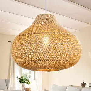 Rattan Pendant Light, 16.5" Hand-Woven Boho Wicker Chandelier Farmhouse Natural Raindrop Basket Ceiling Light for Dining Room Kitchen Island Living Room
