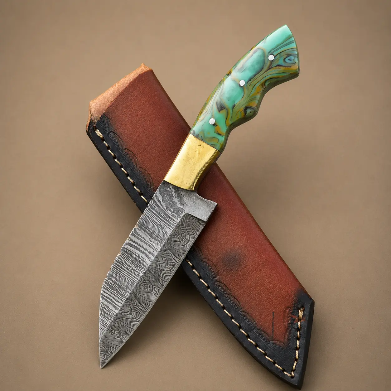 Ember Forge Damascus Knife– 512 Layer Hand Forged Steel with Resin Handle & Leather Sheath