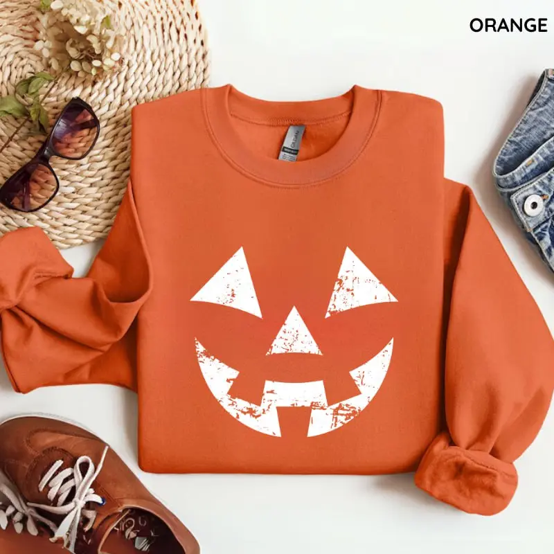 Jack O Lantern Halloween Sweatshirt, Pumpkin Face Sweatshirt, Grunge Pumpkin Shirt, Spooky Halloween Sweater, Halloween Sweatshirt Streetwear Top, Women's Long Sleeve Shirts