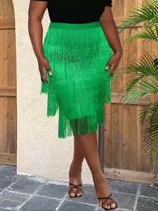 【Plus Size】 Fringe Trim Bodycon Skirt, Elegant Solid Color Casual Fashion Skirt for Party Holiday Wedding Guest, Women's Clothes for All Seasons