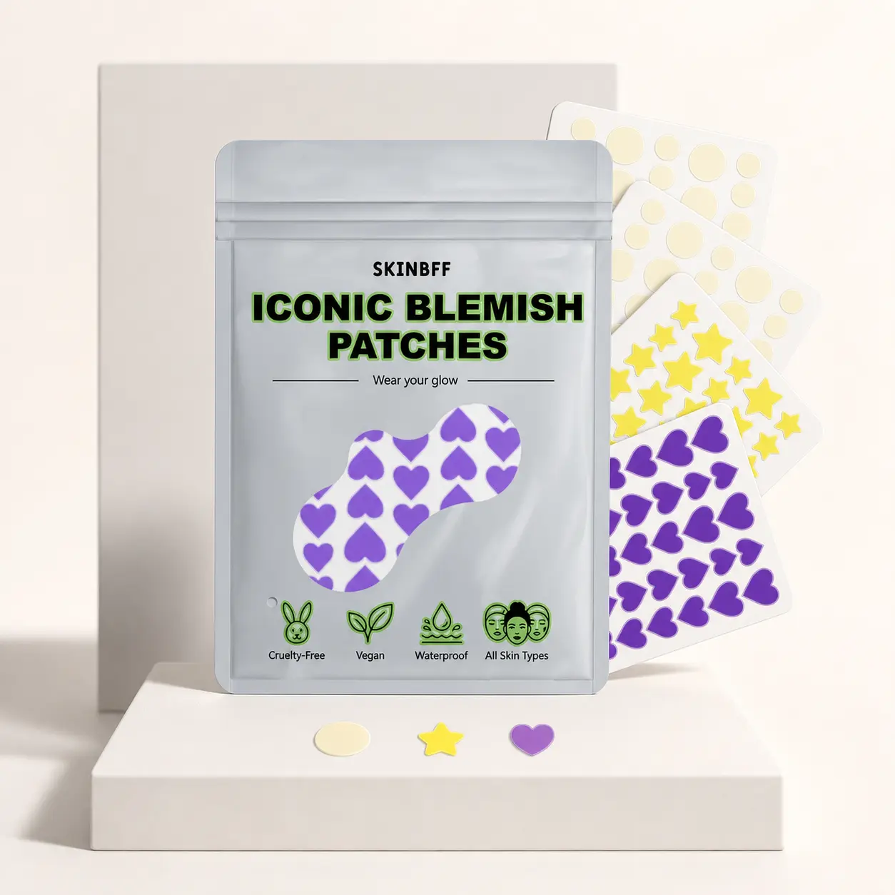 160-Pack Clear Hydrocolloid Acne Stickers - Oil-Free, Hypoallergenic, Vegan, Cruelty-Free Blemish Patches with Purple Hearts Design for Pore Cleansing, Spot Coverage