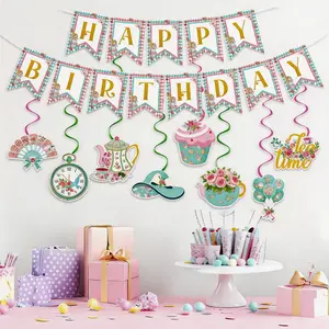 Spring Tea Party Theme Birthday Banner Set, Beautiful Floral Birthday Banners, Bunting Banner, Hanging Swirls, Summer Tea Party Decorations, Party Supplies