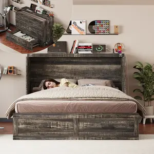 Queen Murphy Bed with Charging Station,Farmhouse Murphy Cabinet Bed with Large Storage Drawer,Hideaway Foldable Platform Bed for Guest Bedroom, Living Room, Office,Small Room,Pull out Bed,Rustic Grey