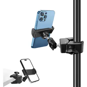 Phone Holder for Mic Stand, Treadmill, Spin , , Adjustable Clamp on Phone Holder for Microphone Stand, Desk Pipe Pole Clamp Phone Mount Stands for   All Smartphones (Standard)