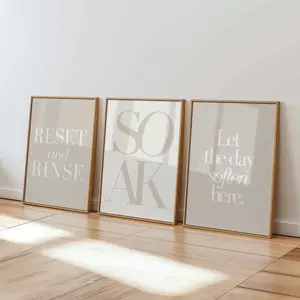 Neutral Bathroom Wall Art Set of 3 Printable, Beige Spa Bathroom Decor, Reset and Rinse Soak Prints, Minimal Bathroom Quote Art Download