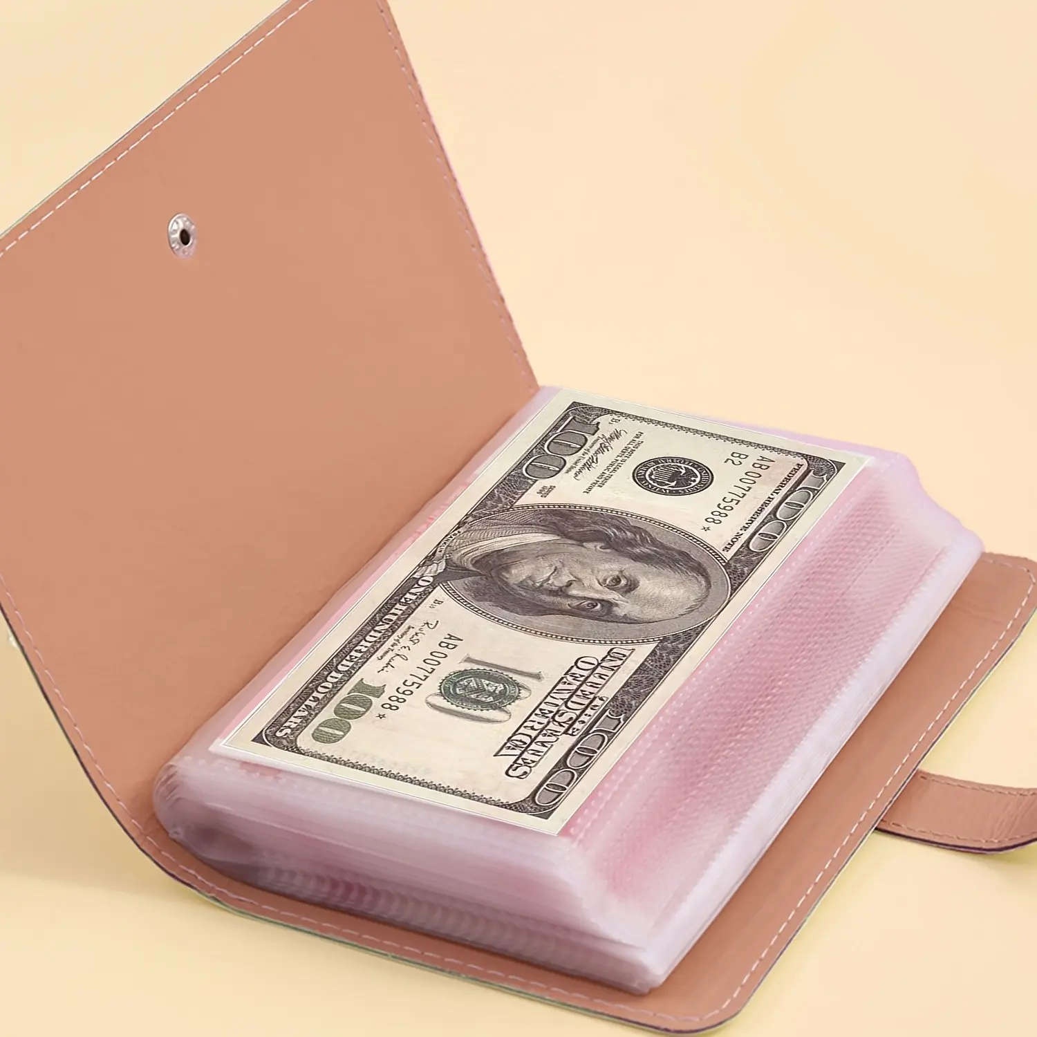 Leather Cash Storage Book for Up to 100 Bills, Bill Organizer, Includes Photo, Stamp, and Card Slots, A6 Cash Notebook Gift for Organizing, Leather Cash Planner