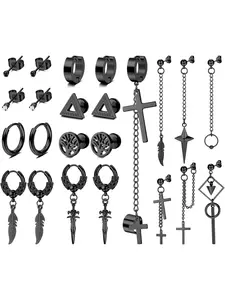 Punk 23 Pcs Black Diverse Earrings Cool Stainless Steel Alloy Stud Hoop Dangle Earrings for Men Women Tiny Ball Barbell Studs Cartilage Earrings Stainless Steel Earrings Set for Him