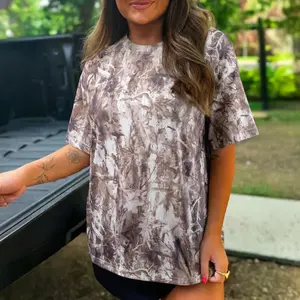 Women's Casual Khaki Woodland Camo Print Drop Shoulder Tunic Top Loose Oversized Tee
