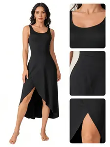 New Camisole Dress Elegant Vacation Style Long Home Skirt for Women Sleeveless Medium Stretch Fabric Lrregular Hem for Spring/Summer