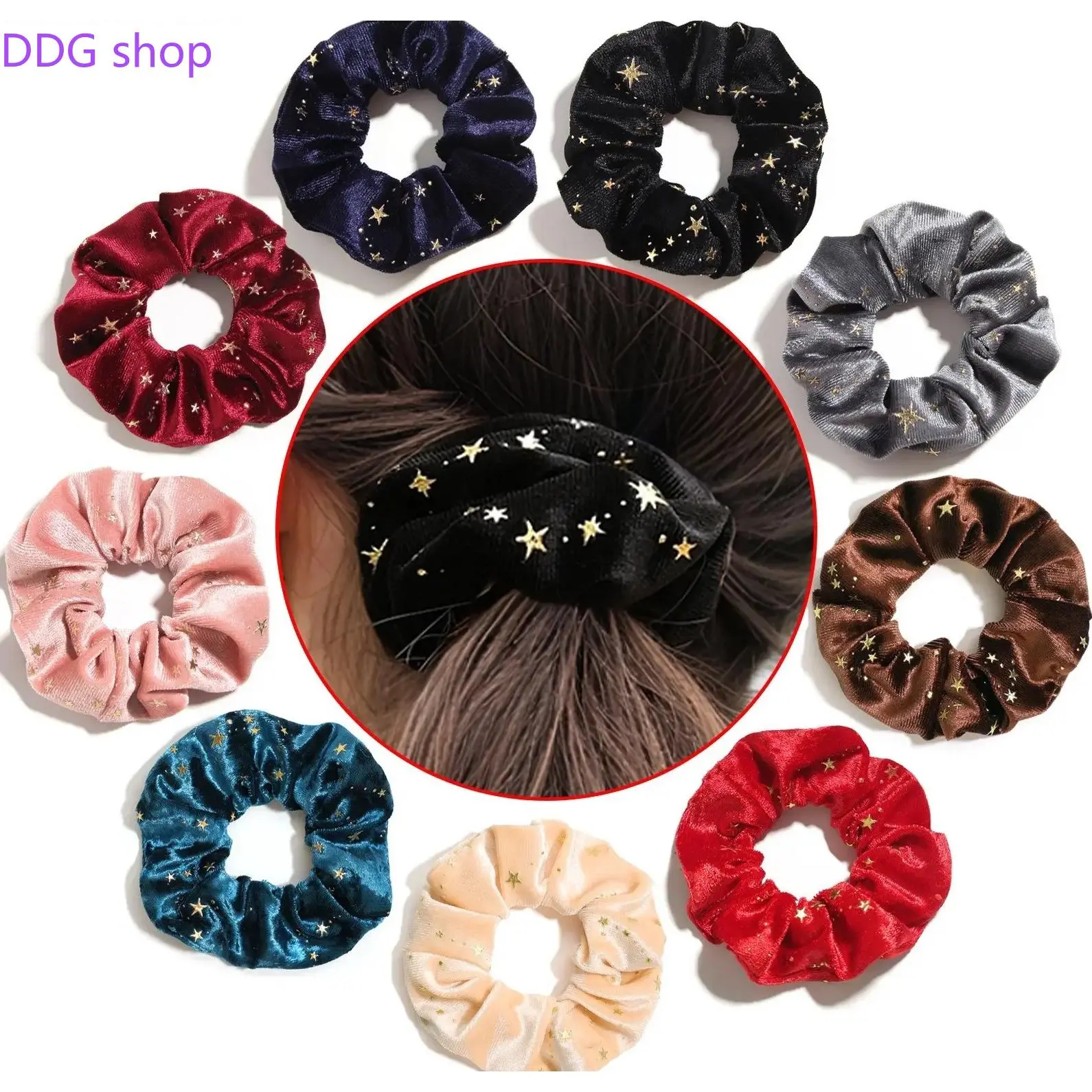 Retro gold-stamped star velvet hair tie, Korean style simple scrunchie hair accessory, women's hair tie/elastic band wholesale.