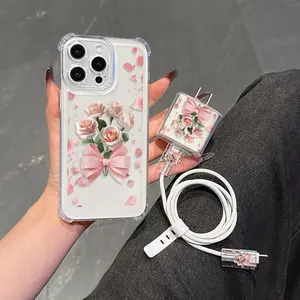 5 Piece Set Transparent Bow Rose Phone Case, Charger Head Cover, Cable Protector, Storage Rope, Anti-Drop Tpu Shell for iPhone