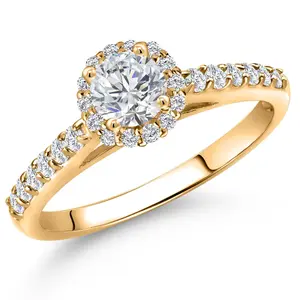 Gem Stone King 5MM Round Gemstone Birthstone and Lab Grown Diamond Engagement Ring For Women in 10K Yellow Gold | Wedding Anniversary Promise Gold Ring For Women | Available in Size 5, 6, 7, 8, 9