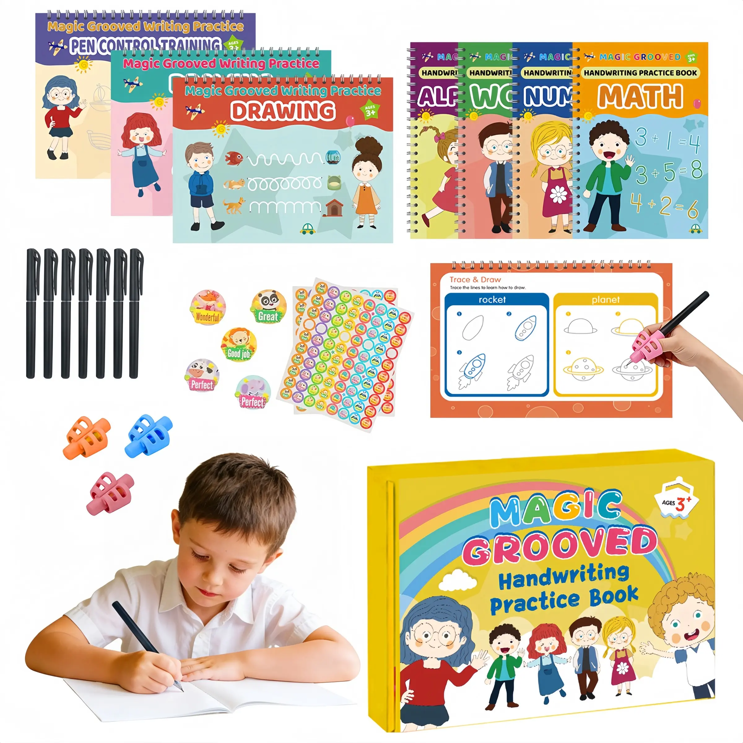 Magic Groove Writing Practice Set, Learning Materials, Learning Tool, Includes 7 Large Reusable Workbooks, 7 Disappearing Ink Pens, 3 High-Quality Pencil Grips, 2 bonus stickers, Best Gift for Kids