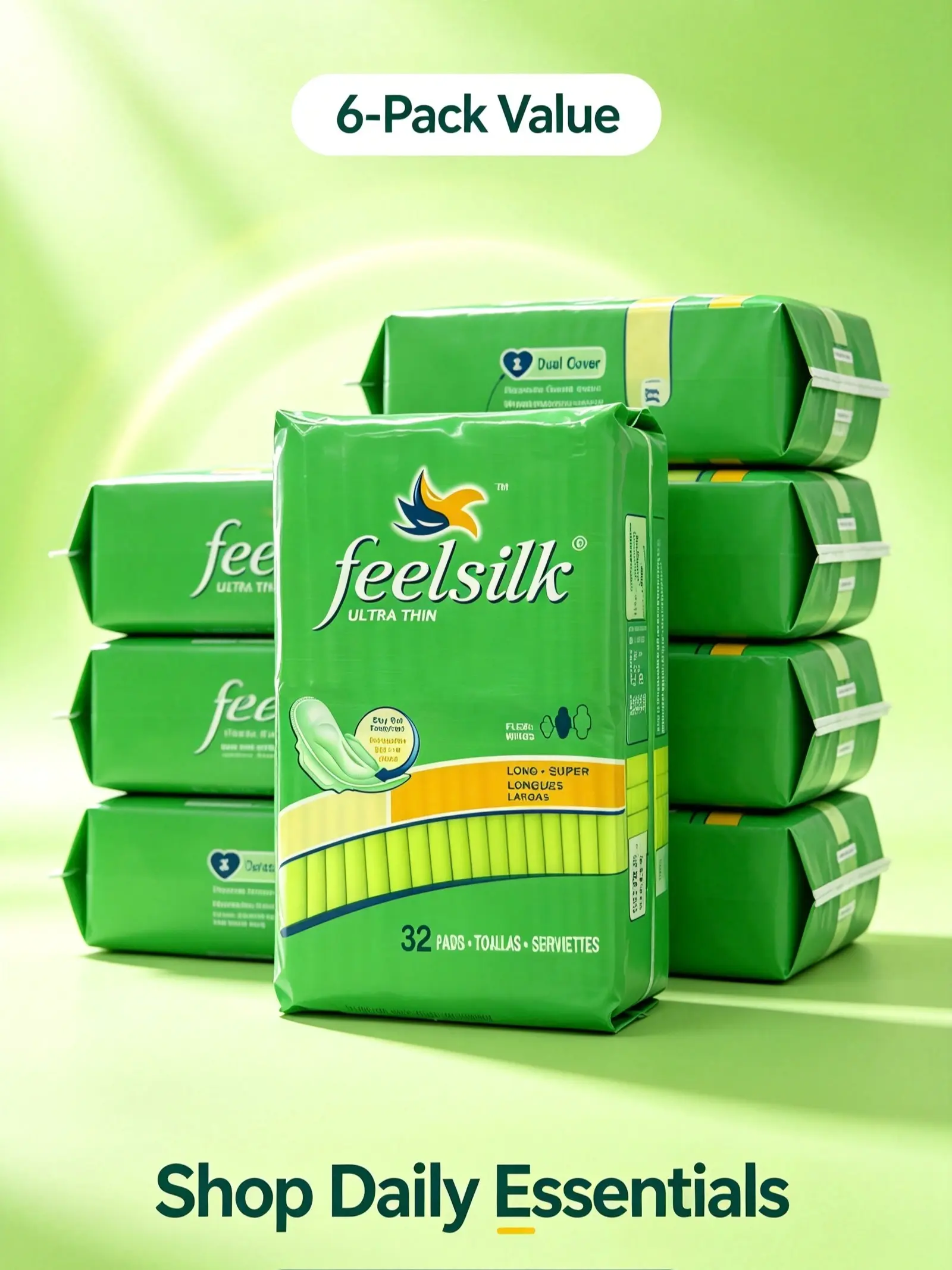 Feelsilk Ultra Thin Long Sanitary Pads with Flexi-Wings, 32 Pads per Pack, 6-Pack Set, Feminine Period Daily Care Supplies