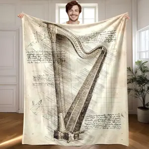 1 piece Da Vinci Harp Instrument Structure Manuscript themed flannel blanket, Multifunctional throw blanket, Oversized fluffy flannel sofa blanket, suitable for beds and sofas, all-season use, 100% polyester material, machine washable