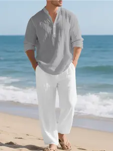 Men's Colorblock Two-Piece Set, High-Quality Linen Material, Casual Comfortable Fabric, Long Sleeve Hawaiian Shirt & Sweatpants, All Seasons Menswear