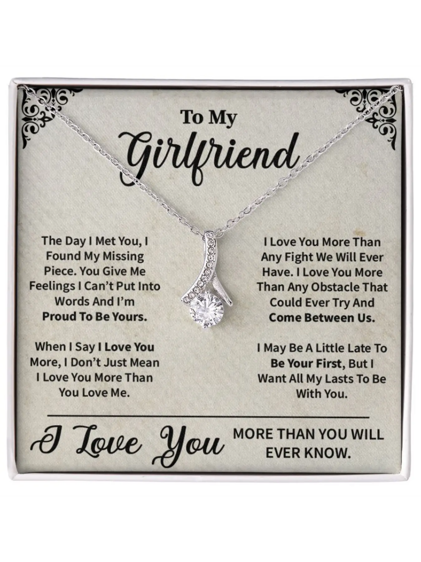To My Girlfriend V-shaped Pendant Necklace with Card and Gift Box Romantic Jewelry Anniversary Birthday Girlfriend Gift, Exquisite Jewelry Gift, Romantic Love Gifts for Her, Heart Bow Necklace
