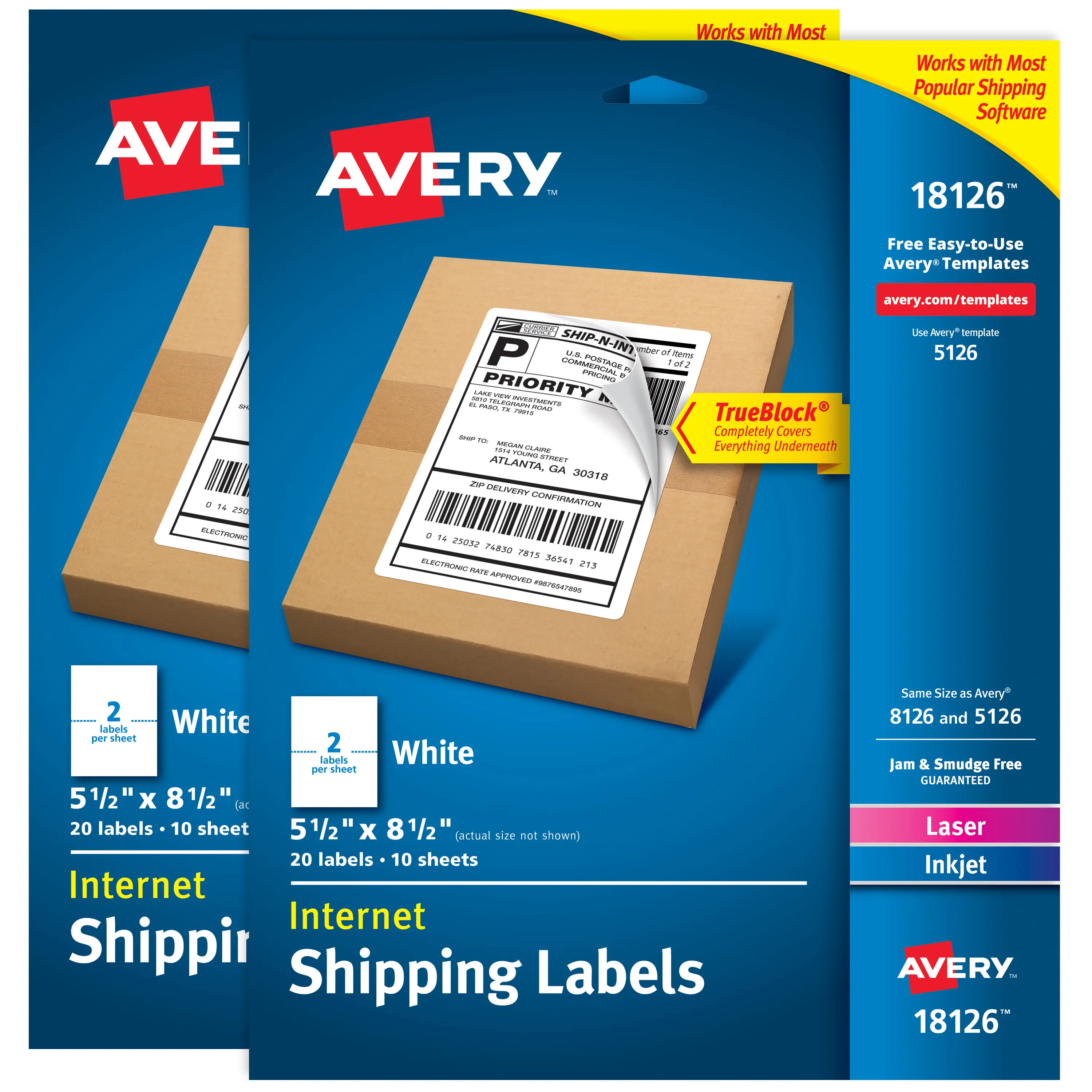 Avery Internet Shipping Labels, 5.5" x 8.5", Permanent Adhesive Customizable Organizing Labels Pack for Mailing, 2-Pack for Classroom Organization (18126)