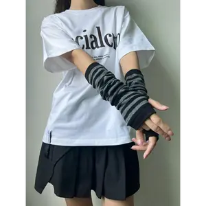 Women's Colorblock Striped Print Half-finger Gloves, Casual Cute Knitted Long Gloves for Fall & Winter, Fashion Accessories for Women & Girls