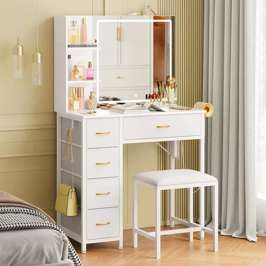 Superlele Classic 80cm Large Makeup Vanity Table with Mirror, White Wooden Modern Bedroom Furniture, 5 Drawers, Storage Shelf, Matching Stool, USB-Powered 3-Color Adjustable LED Light, Holiday Gift for Women
