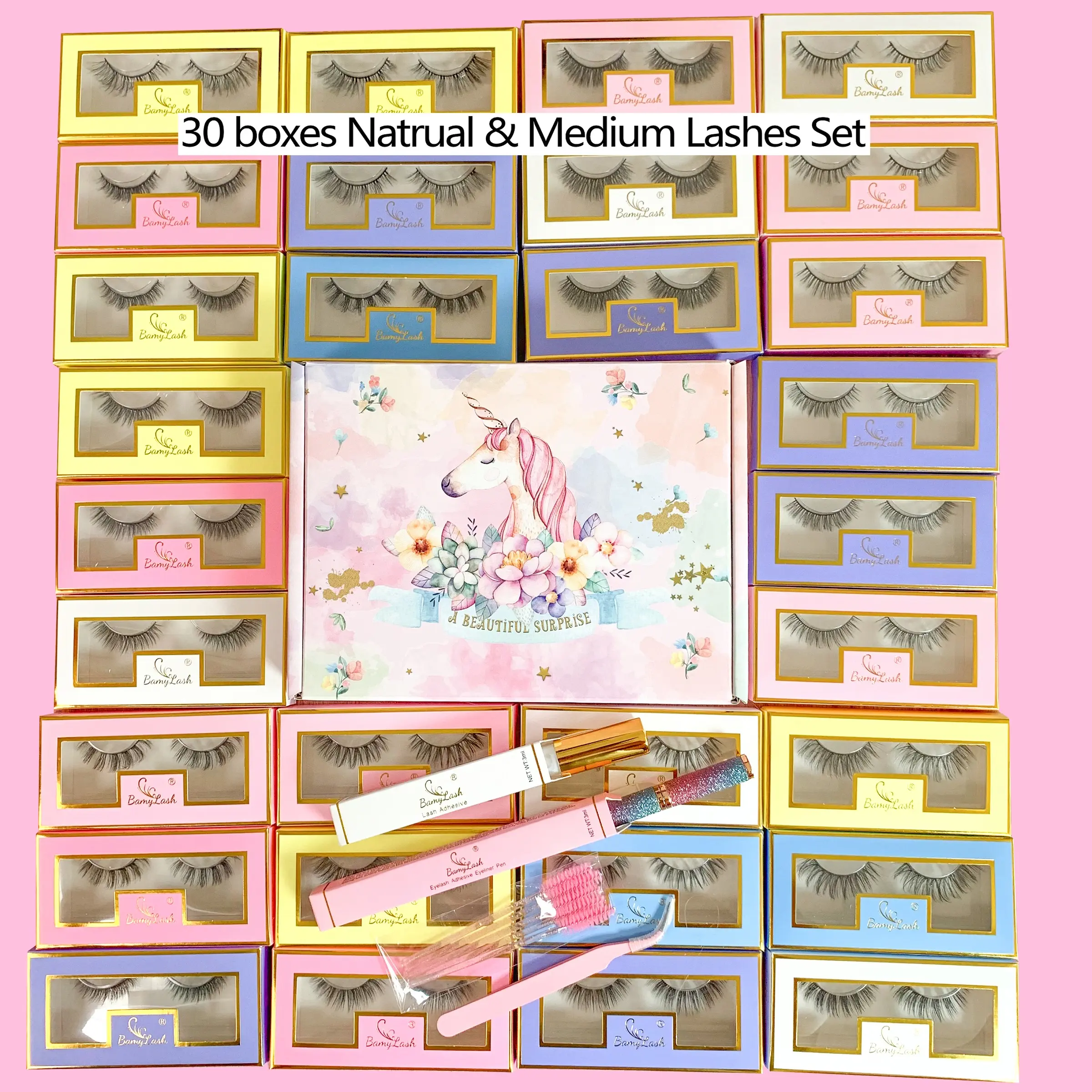 30 Pairs Natural Medium False Eyelashes, Fashion Eyelashes, with Glue Eyeliner Applicator and Lash Brushes, 3D Fluffy Curl Synthetic Fiber Lashes, Mixed Length, Reusable and Soft, Round & Cat Eye Style, Unicorn Gift