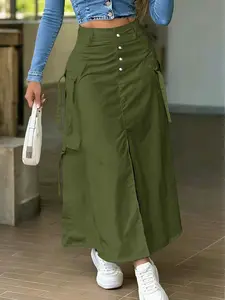 Women's High Waist Cargo Skirt with Pockets, Button Design, Split Thigh, Loose Fit, Street Fashion, Casual Wear Bottom, Casual Fashionable Skirt