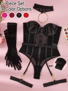 Luxurious 5-Piece Satin Body Suit Set, Strapless Waist Cincher Jumpsuit with Adjustable Belt, Garter Belts, Neck Ring, Long Gloves