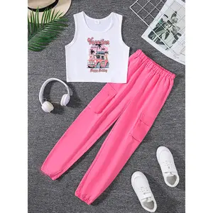 Ready Stock Kid Girls Summer Dopamine Clothes 8Y,9Y,10Y,11Y Big Girls Sleeveless Hawaiian Car Letter Pattern Tank Tops Elastic Cargo Pants 2Pcs Outfits Rose Red YCS132312301