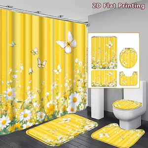 4PCS Butterflies and Daisies Shower Curtain set, Yellow Striped with Butterflies and Daisies Bathroom Decor, Accessories with Bath Mat, U-shaped Mat, Toilet Lid Cover, 12 Hooks 180x180cm Curtain, Nature Enthusiast, Home Decor, bathroom accessories