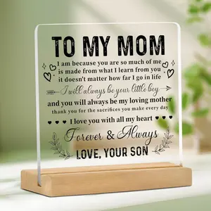 Acrylic Desktop Ornament with Wooden Base, Clear Letter Pattern Decorative Ornament, Desktop Decoration for Home Office, Creative Desktop Decoration, Gift for Mom, Signs