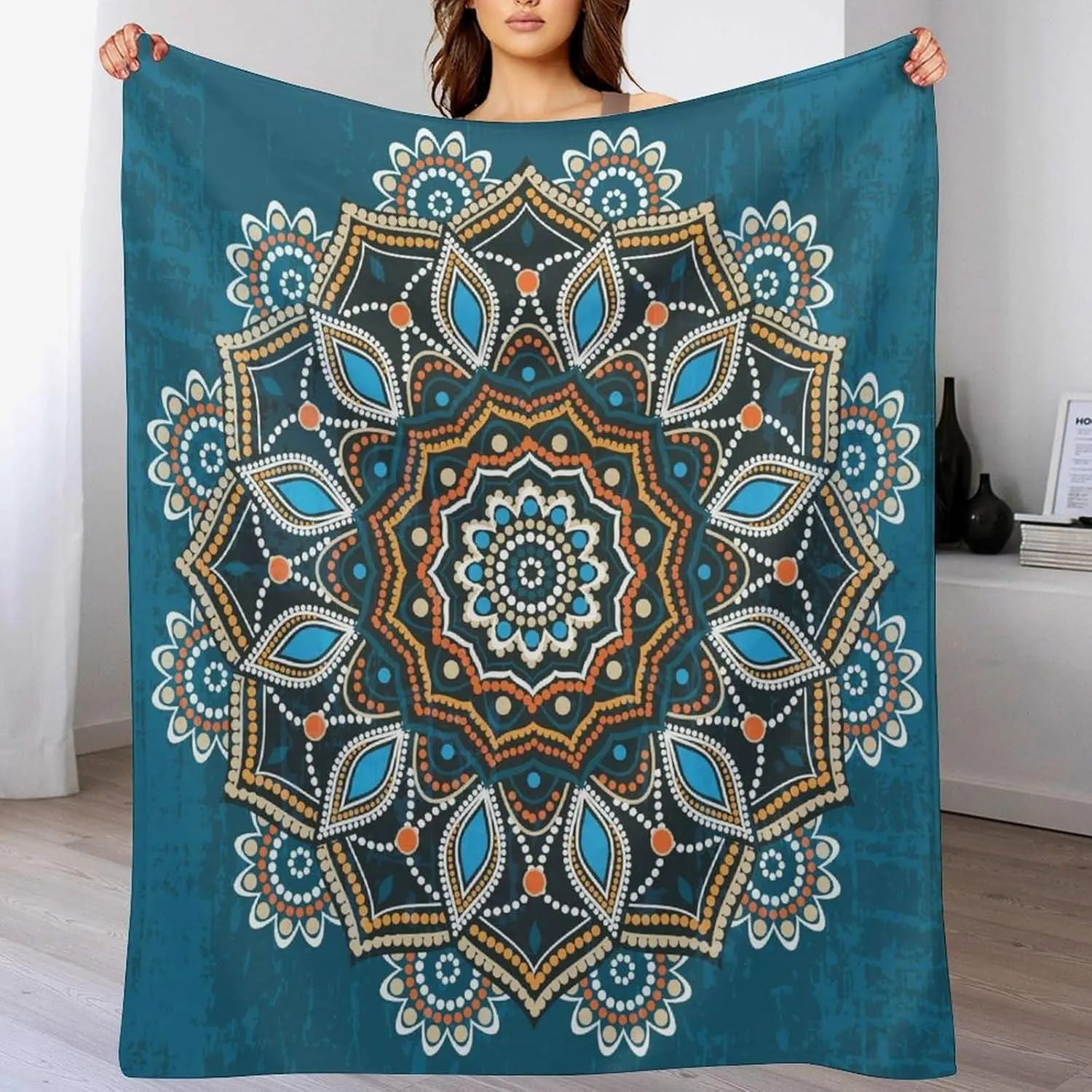 Ornamental Mandala Throw Blanket, Indian Hippie Bohemian Art Floral Texture Pattern, Flower Boho Botanical Bohemian Style Art Graphic Blanket for Sofa, Bed, 50"x60", Flower Blankets, Boho Blankets