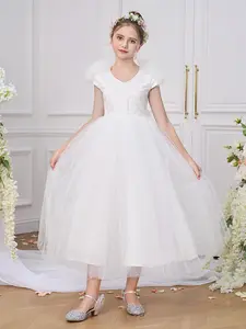7-12Y White 530 Kids Clothes Flower Girls Princess Long Ball Gown Frock Puff Sleeve Bow Ball Gown Children Formal Evening Party Banquet Pageant Prom Host Cocktail Dress