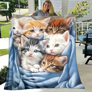Cute Tabby Cat Blanket - Soft Flannel Kitten Bedspread with Multi-Color Tabby Cats (Brown/White/Black/Grey) - Lightweight All-Season Cozy Throw for Bed, Sofa, Travel & Camping - Hand Wash Only Cat Lover Gift worm