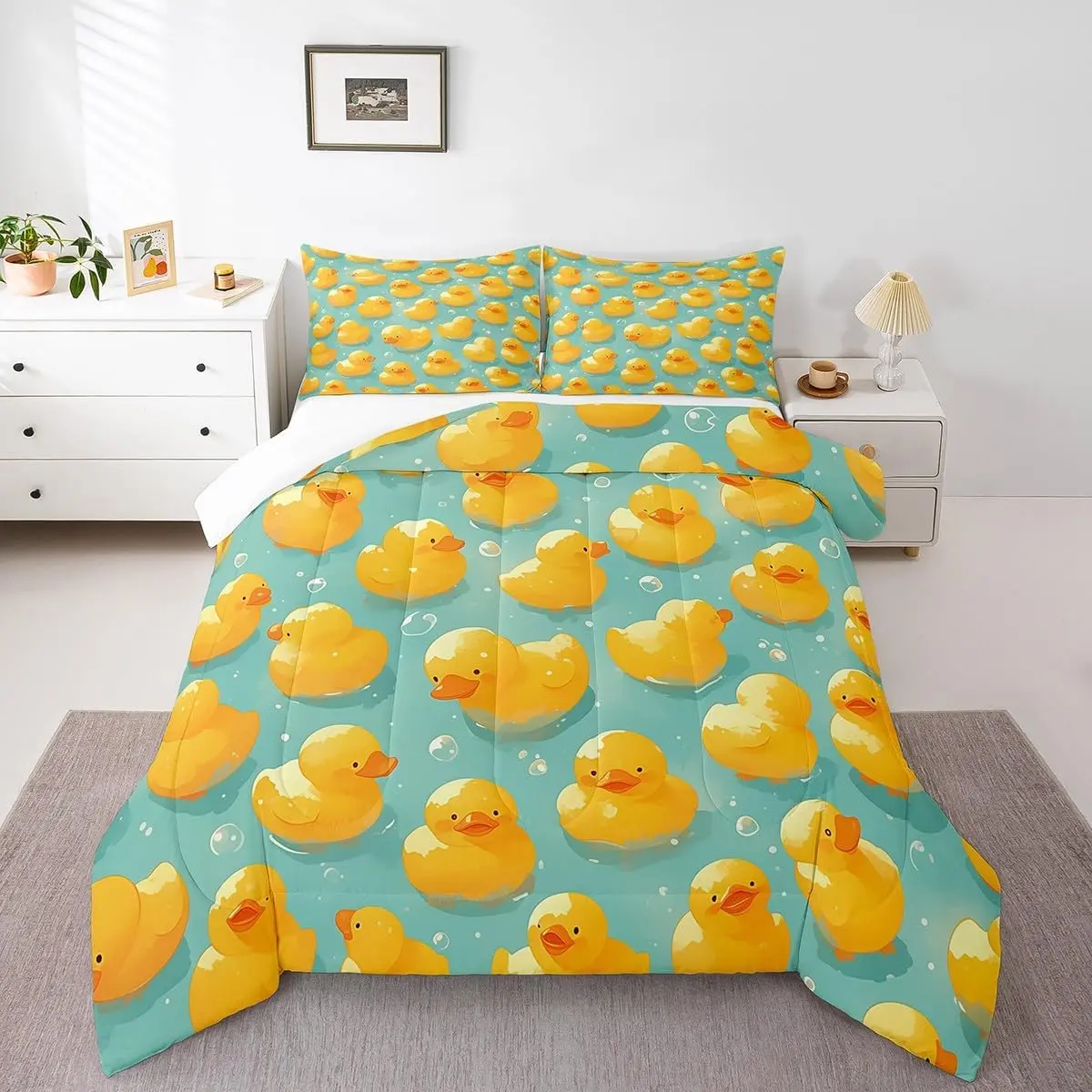 Feelyou Kids 2-Piece Kit Duvets & Sets - Yellow Rubber Duck Polyester Fibre Comforter with Pillow, Soft Breathable Fill, All Seasons, Kawaii Look, Low Roll Over, Camping Travel-Friendly Bedroom Decor, Multi-Size Linens