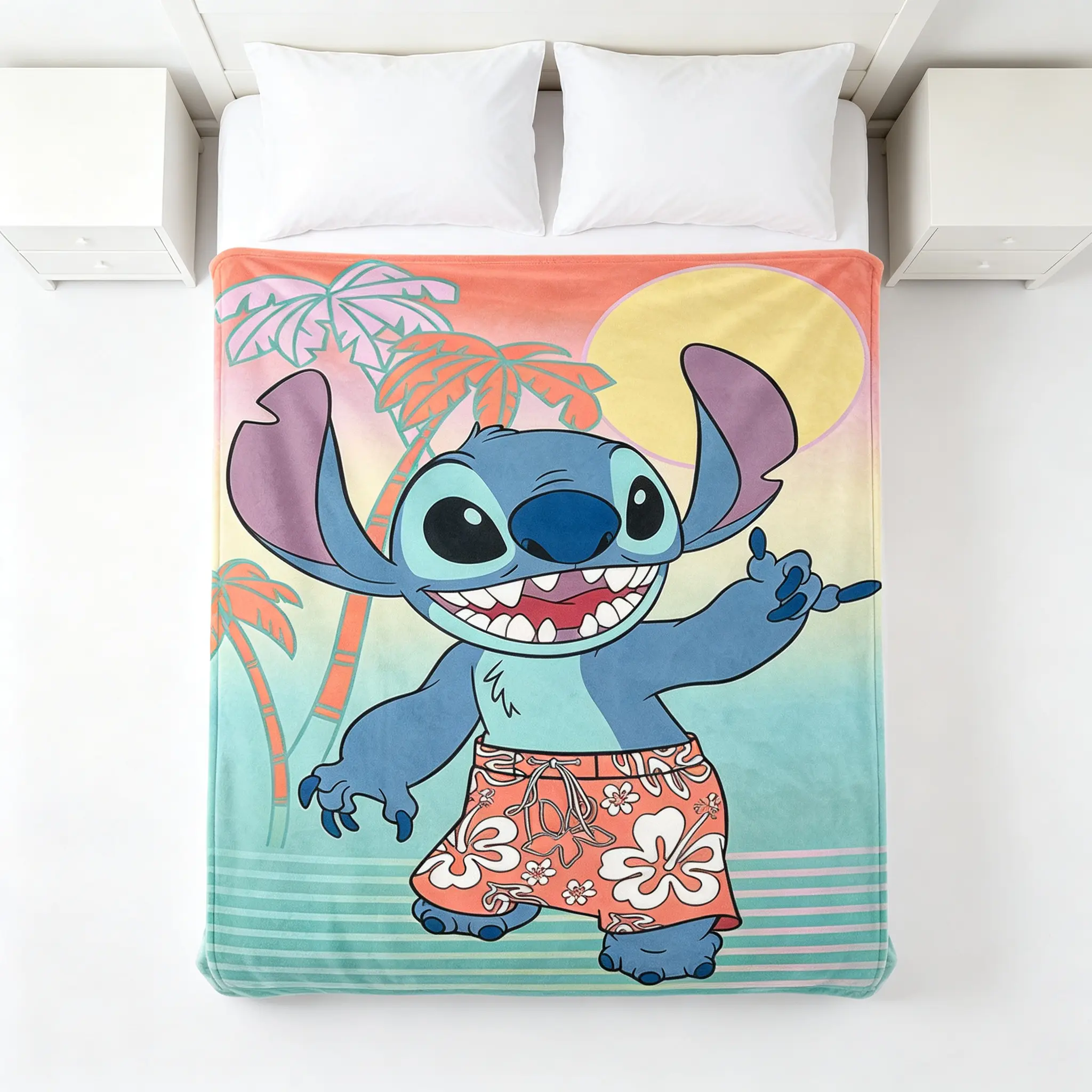 Disney Stitch Throw Blanket, 80s Retro Synthwave Sunset Shaka Sign Soft Fleece Blanket for Couch Bed, Tropical Hawaiian Beach Decor Birthday Gift
