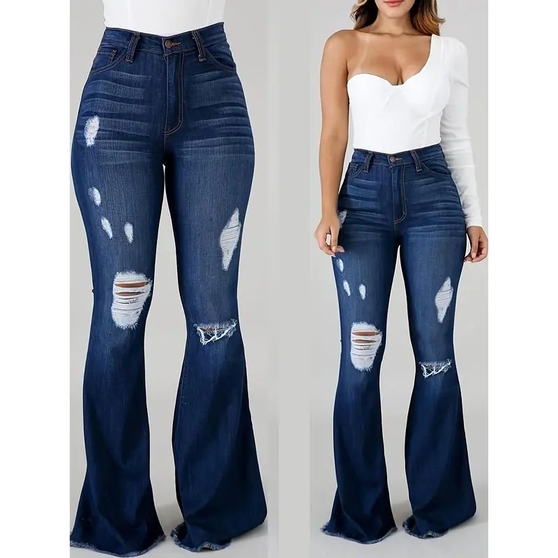 Women's High-Waist Ripped Flare Jeans - Stretch Denim Bell Bottoms with Detailing, & Sexy All-Season Wear (Plus Size), Allseason Jeans |     Flared Bottom Jeans |     Durable Fabric Jeans